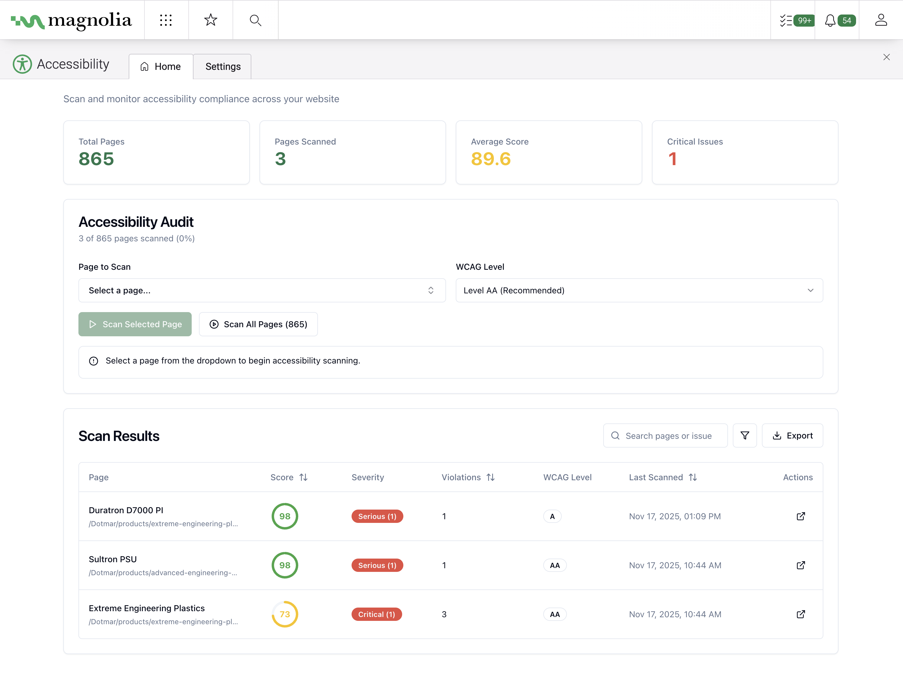 Easy Accessibility scoring dashboard showing compliance scores and issue breakdown